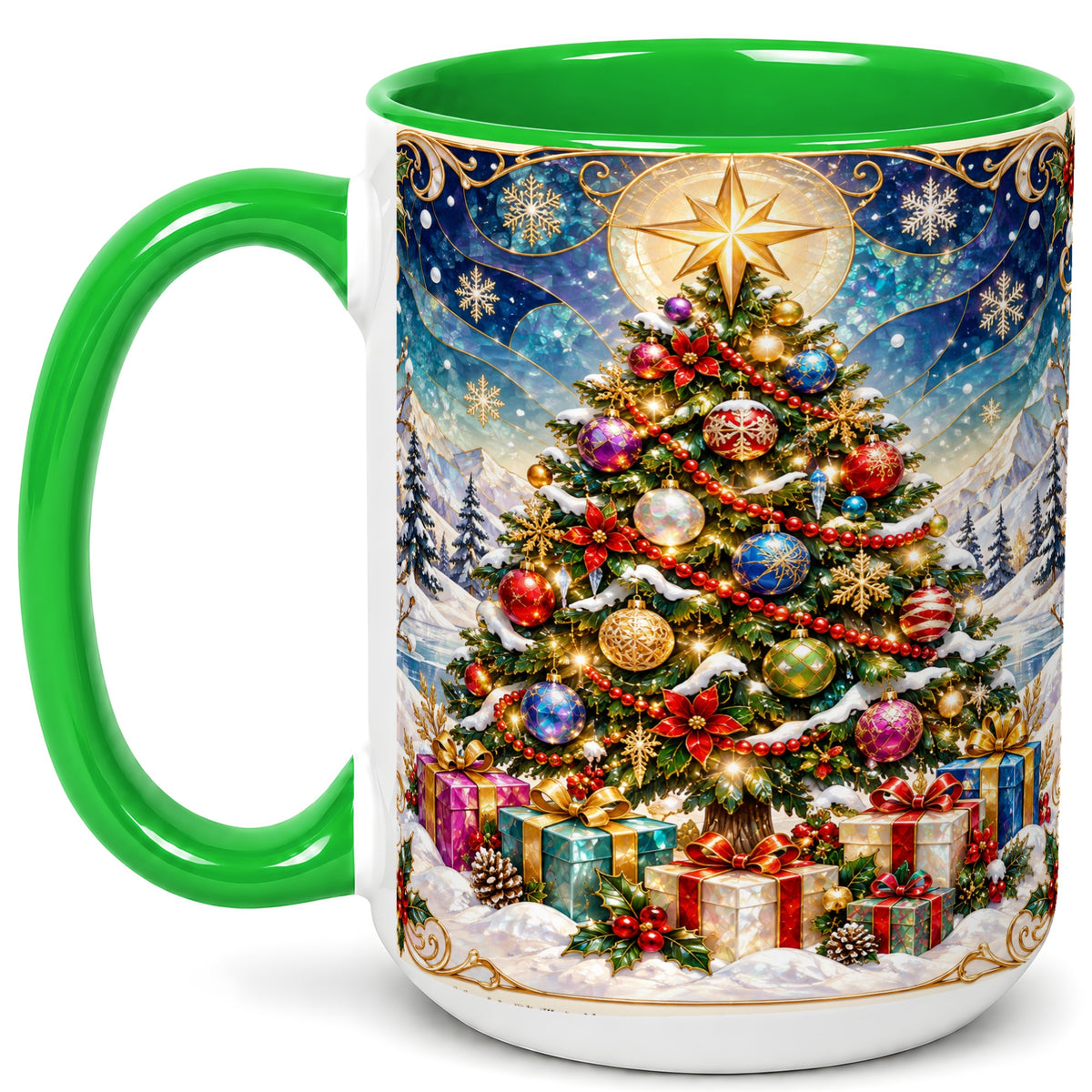 #pl[15oz|Green] Winter Christmas Tree Coffee Mug, Snowy Holiday Mug, Ceramic Cup