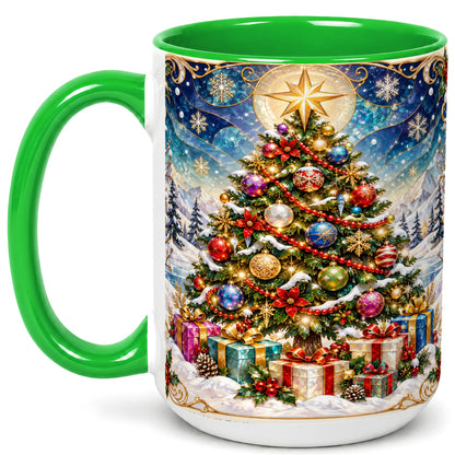 #pl[15oz|Green] Winter Christmas Tree Coffee Mug, Snowy Holiday Mug, Ceramic Cup