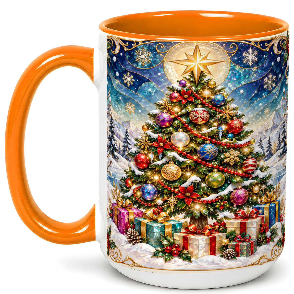 #pl[15oz|Orange] Winter Christmas Tree Coffee Mug, Snowy Holiday Mug, Ceramic Cup