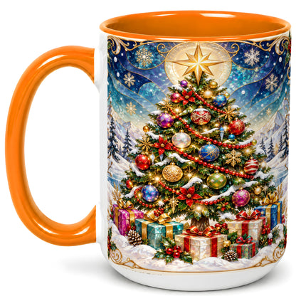 #pl[15oz|Orange] Winter Christmas Tree Coffee Mug, Snowy Holiday Mug, Ceramic Cup
