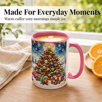 #pl[15oz|Pink] Winter Christmas Tree Coffee Mug, Snowy Holiday Mug, Ceramic Cup