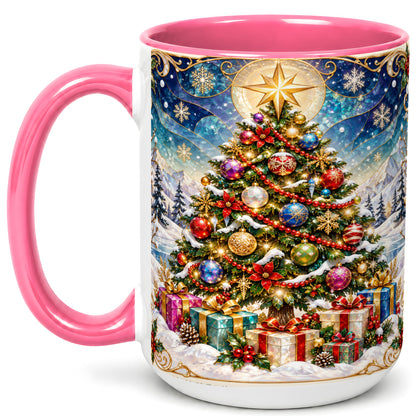 #pl[15oz|Pink] Winter Christmas Tree Coffee Mug, Snowy Holiday Mug, Ceramic Cup