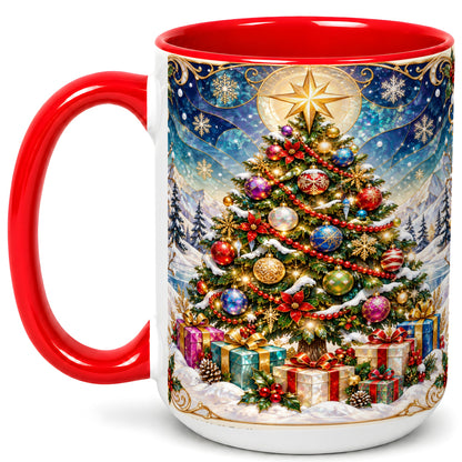 #pl[15oz|Red] Winter Christmas Tree Coffee Mug, Snowy Holiday Mug, Ceramic Cup