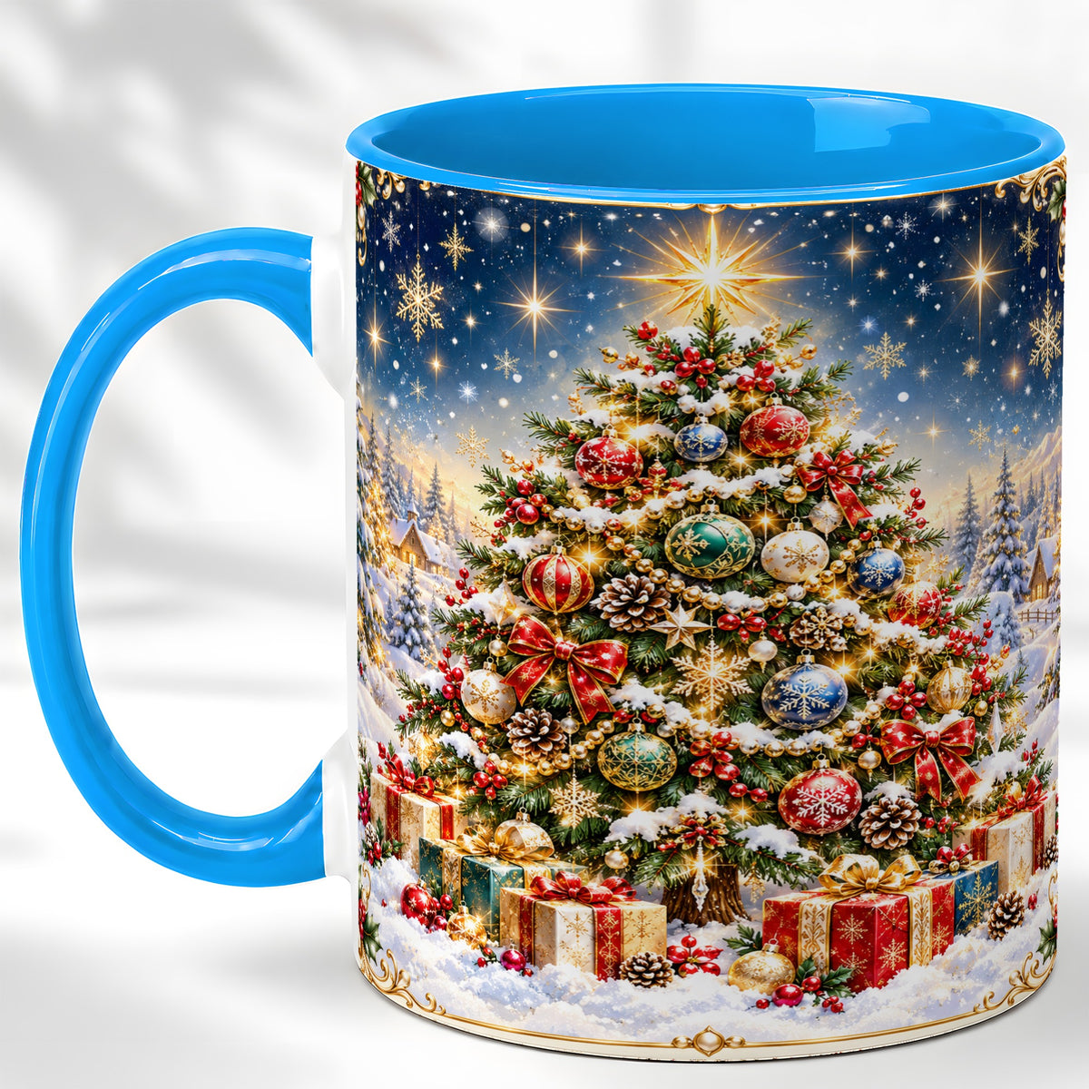 #pl[11oz|Blue] Snowy Christmas Tree Coffee Mug, Winter Holiday Mug, Ceramic Cup