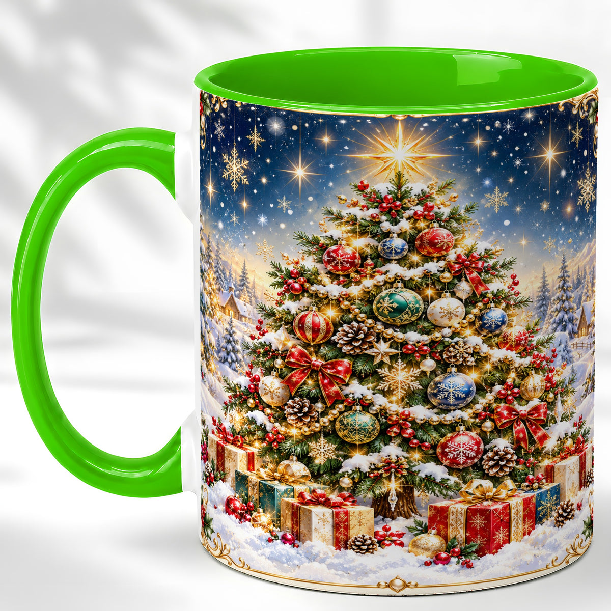 #pl[11oz|Green] Snowy Christmas Tree Coffee Mug, Winter Holiday Mug, Ceramic Cup