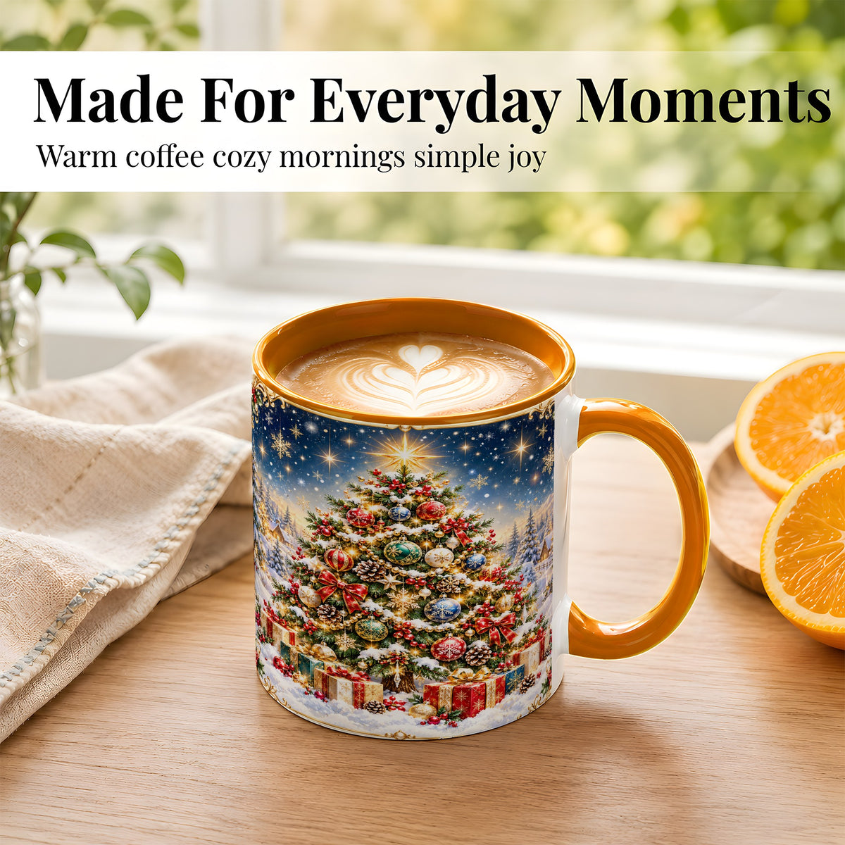 #pl[11oz|Orange] Snowy Christmas Tree Coffee Mug, Winter Holiday Mug, Ceramic Cup