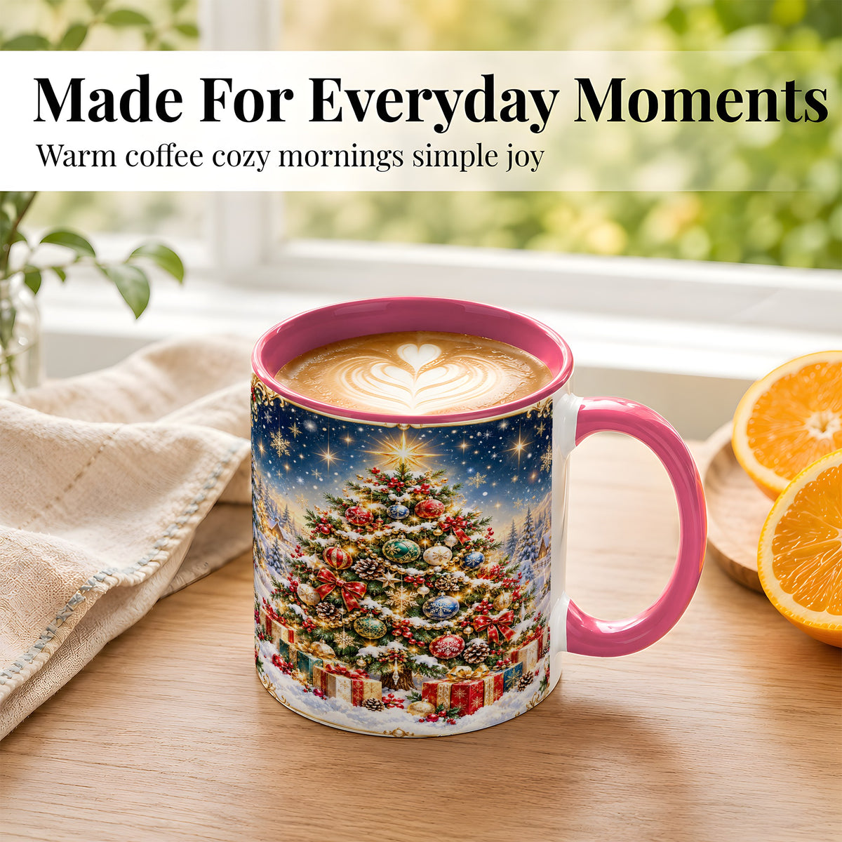 #pl[11oz|Pink] Snowy Christmas Tree Coffee Mug, Winter Holiday Mug, Ceramic Cup