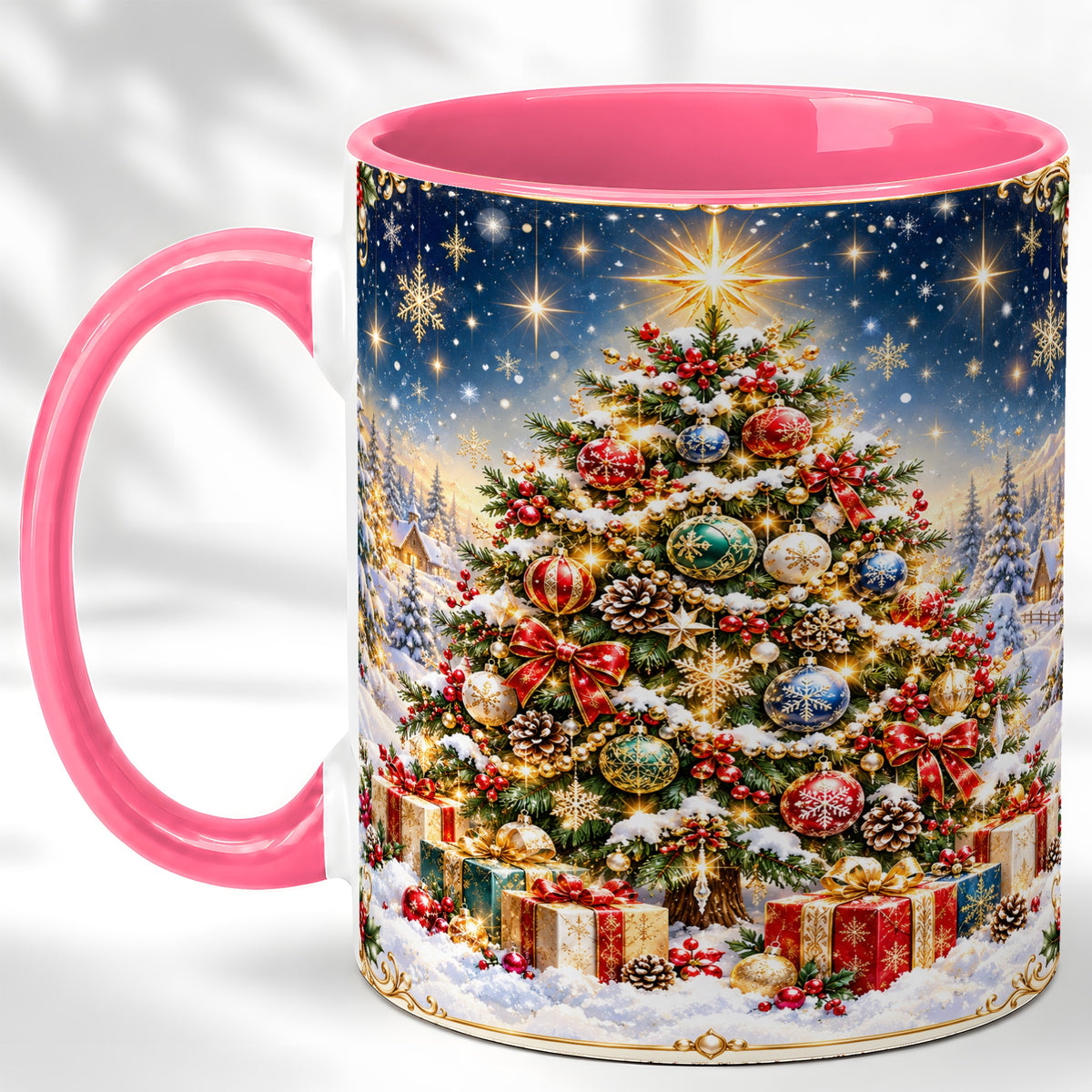#pl[11oz|Pink] Snowy Christmas Tree Coffee Mug, Winter Holiday Mug, Ceramic Cup
