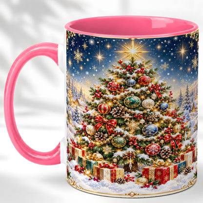 #pl[11oz|Pink] Snowy Christmas Tree Coffee Mug, Winter Holiday Mug, Ceramic Cup