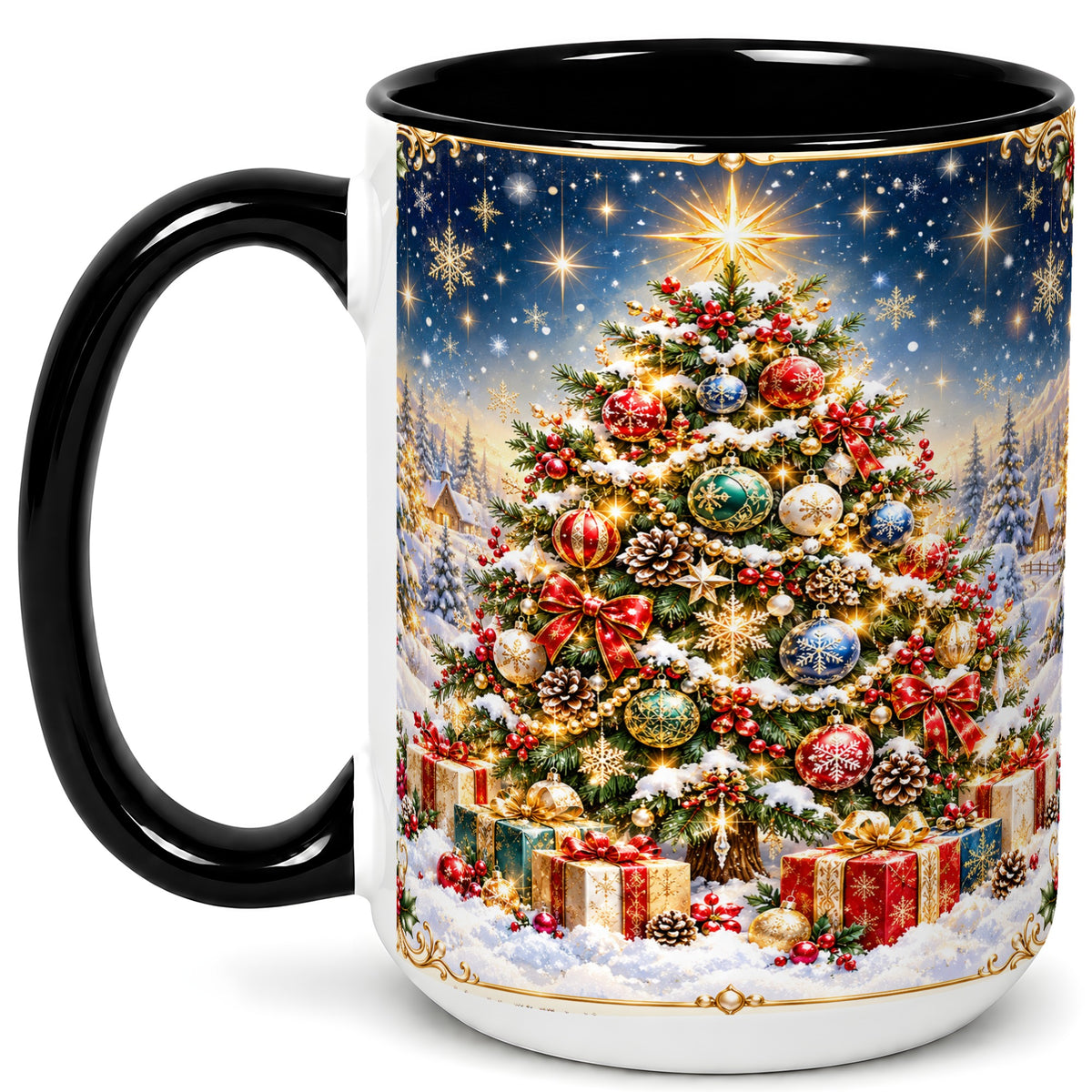 #pl[15oz|Black] Snowy Christmas Tree Coffee Mug, Winter Holiday Mug, Ceramic Cup