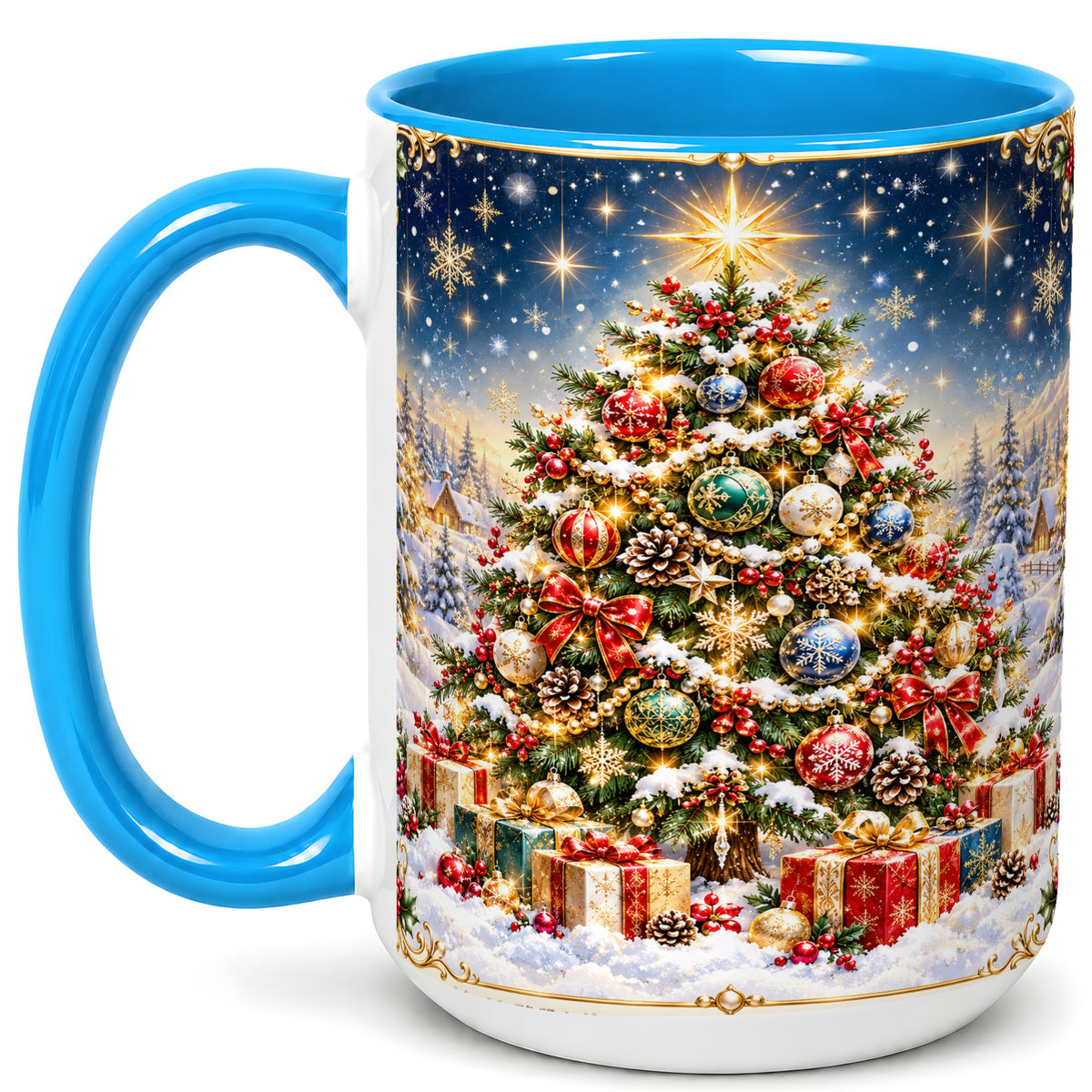 #pl[15oz|Blue] Snowy Christmas Tree Coffee Mug, Winter Holiday Mug, Ceramic Cup