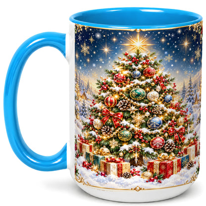 #pl[15oz|Blue] Snowy Christmas Tree Coffee Mug, Winter Holiday Mug, Ceramic Cup