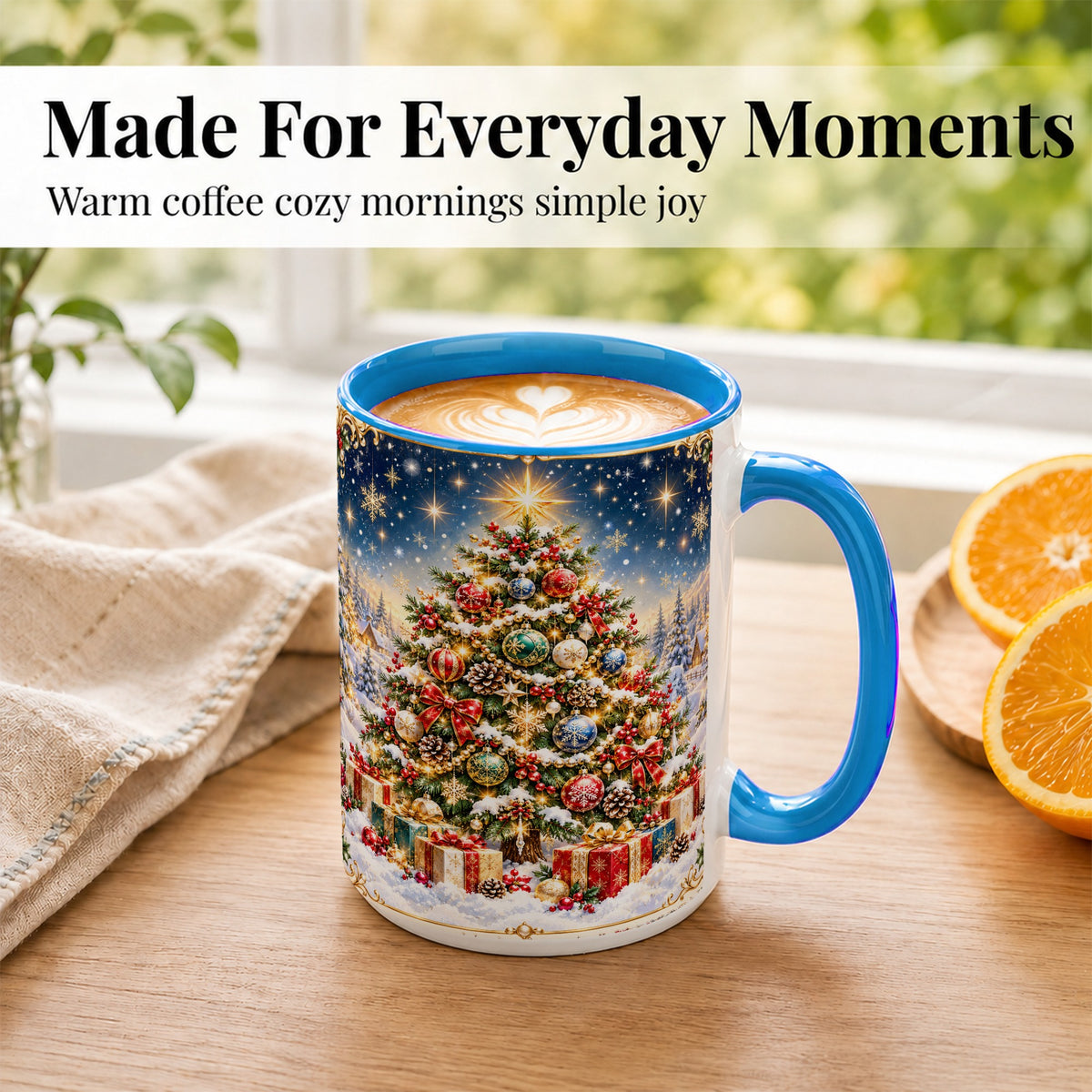 #pl[15oz|Blue] Snowy Christmas Tree Coffee Mug, Winter Holiday Mug, Ceramic Cup
