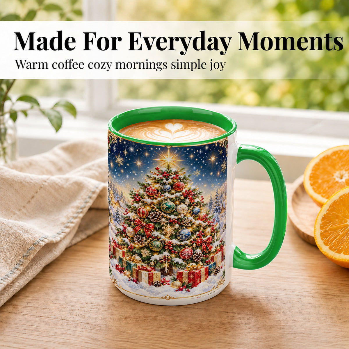 #pl[15oz|Green] Snowy Christmas Tree Coffee Mug, Winter Holiday Mug, Ceramic Cup