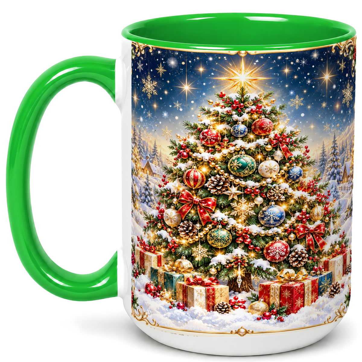 #pl[15oz|Green] Snowy Christmas Tree Coffee Mug, Winter Holiday Mug, Ceramic Cup