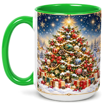 #pl[15oz|Green] Snowy Christmas Tree Coffee Mug, Winter Holiday Mug, Ceramic Cup