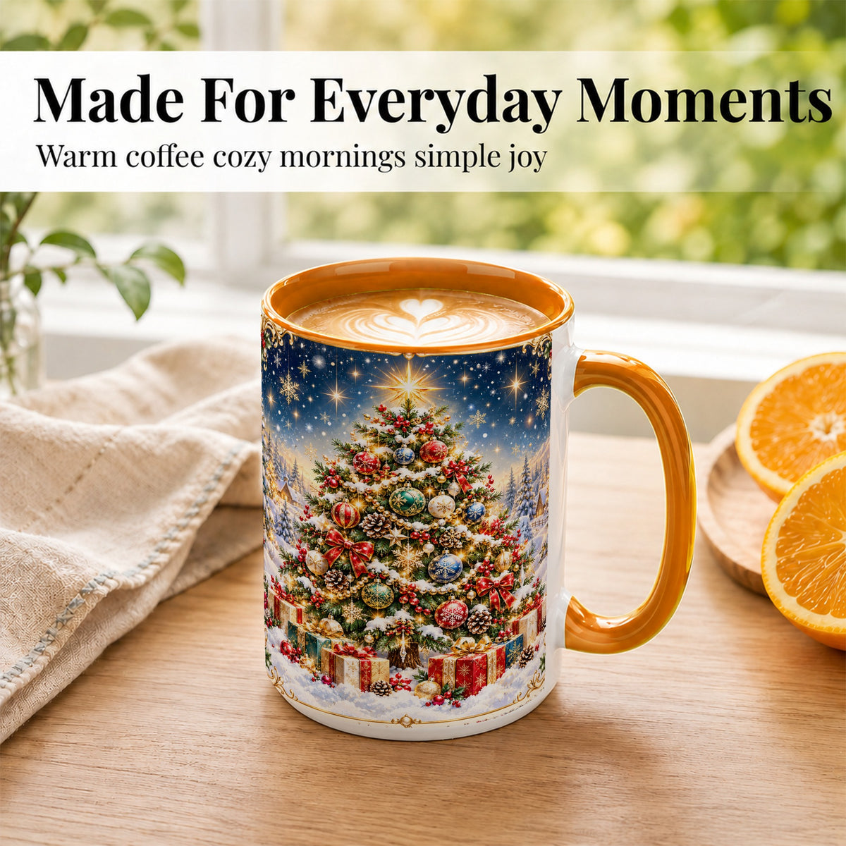 #pl[15oz|Orange] Snowy Christmas Tree Coffee Mug, Winter Holiday Mug, Ceramic Cup