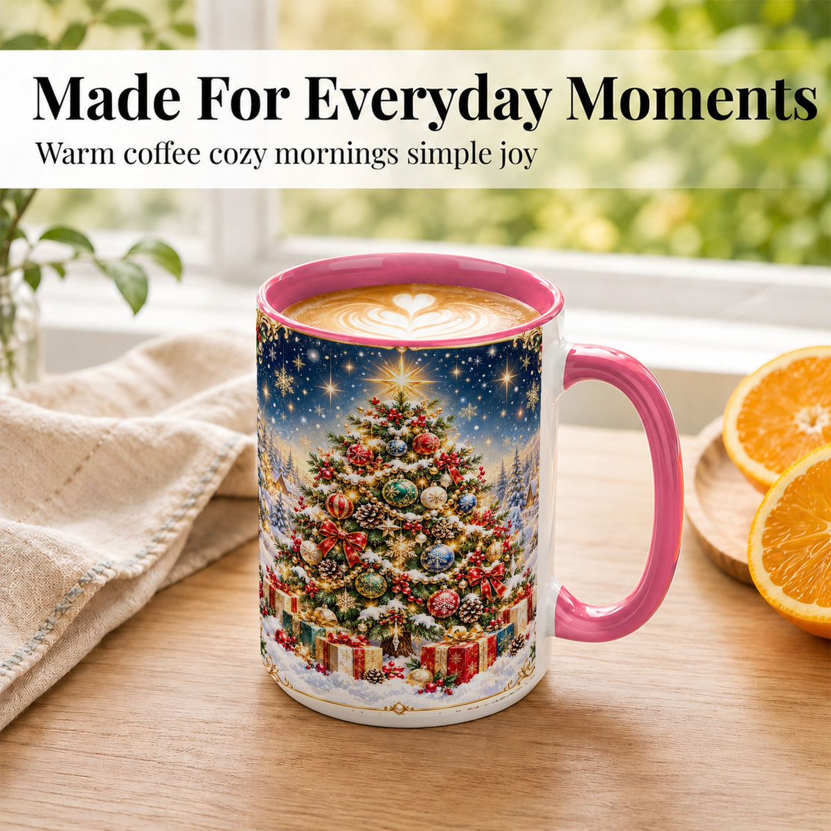 #pl[15oz|Pink] Snowy Christmas Tree Coffee Mug, Winter Holiday Mug, Ceramic Cup