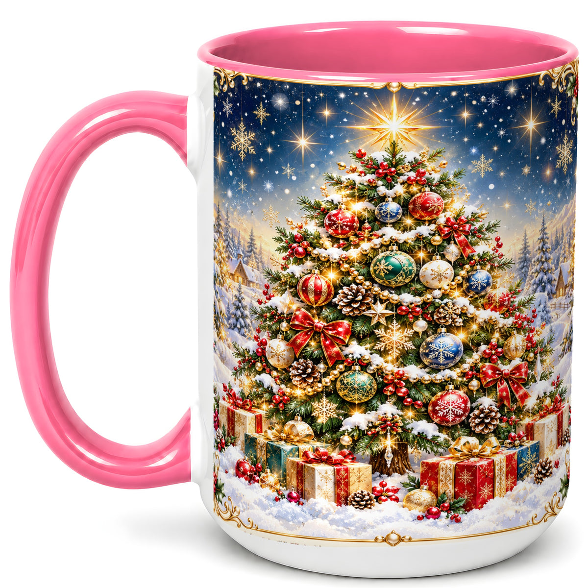 #pl[15oz|Pink] Snowy Christmas Tree Coffee Mug, Winter Holiday Mug, Ceramic Cup
