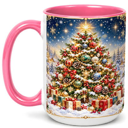 #pl[15oz|Pink] Snowy Christmas Tree Coffee Mug, Winter Holiday Mug, Ceramic Cup