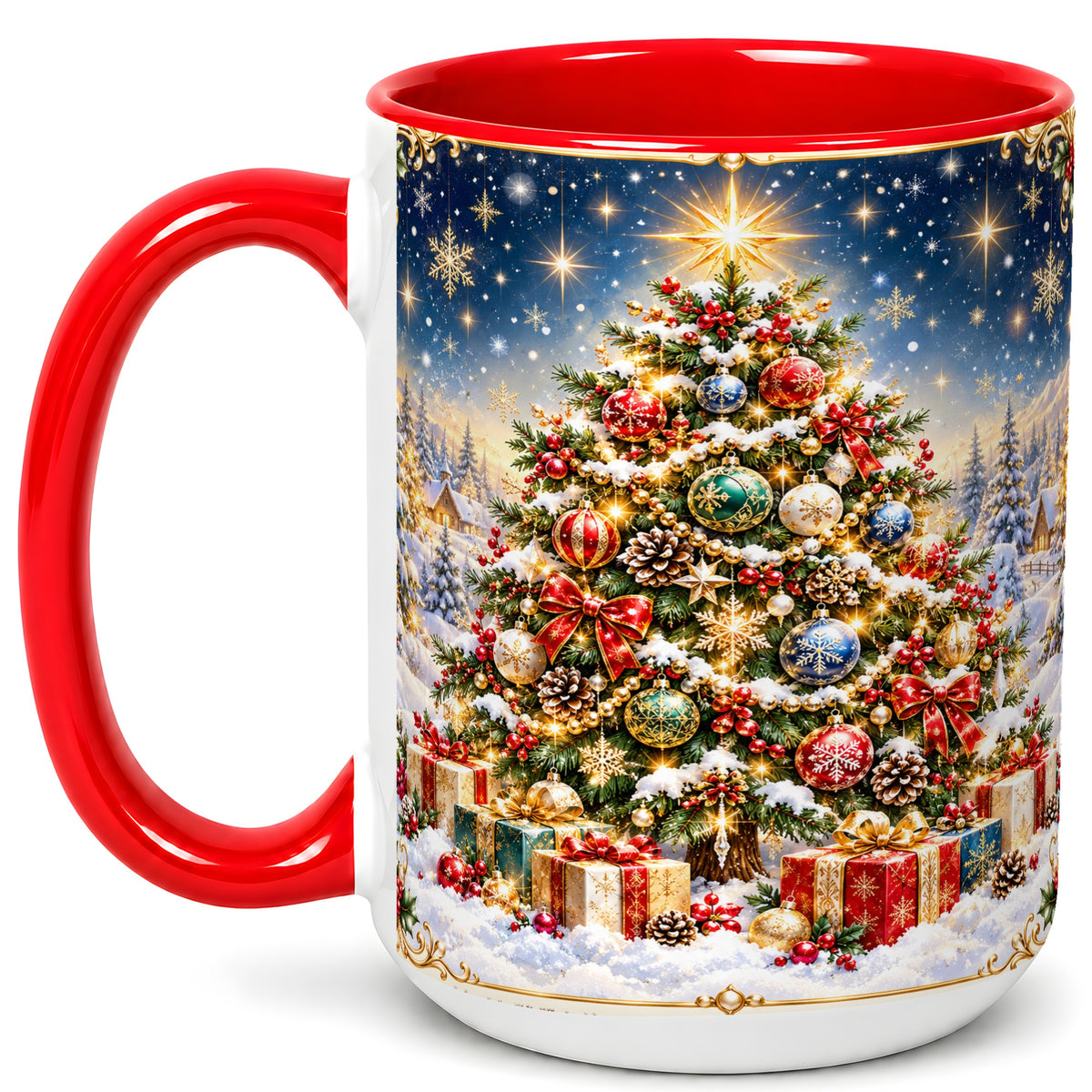 #pl[15oz|Red] Snowy Christmas Tree Coffee Mug, Winter Holiday Mug, Ceramic Cup