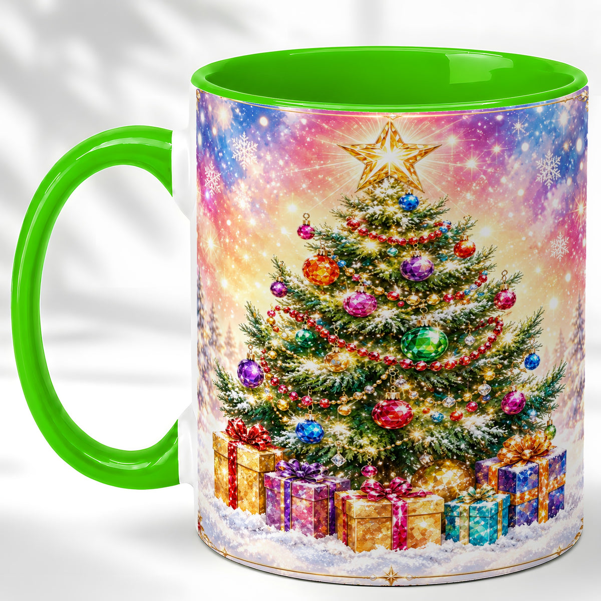 #pl[11oz|Green] Colorful Christmas Tree Coffee Mug, Festive Ornament Mug, Ceramic Cup