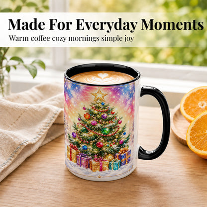 #pl[15oz|Black] Colorful Christmas Tree Coffee Mug, Festive Ornament Mug, Ceramic Cup