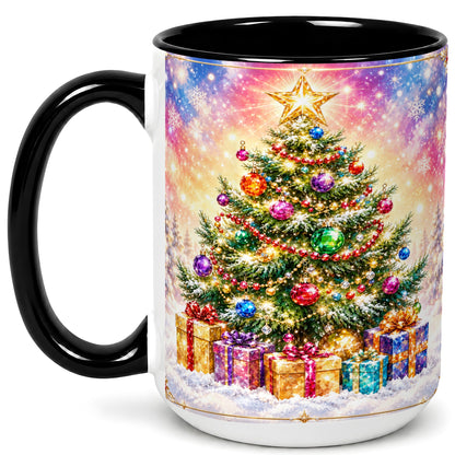 #pl[15oz|Black] Colorful Christmas Tree Coffee Mug, Festive Ornament Mug, Ceramic Cup