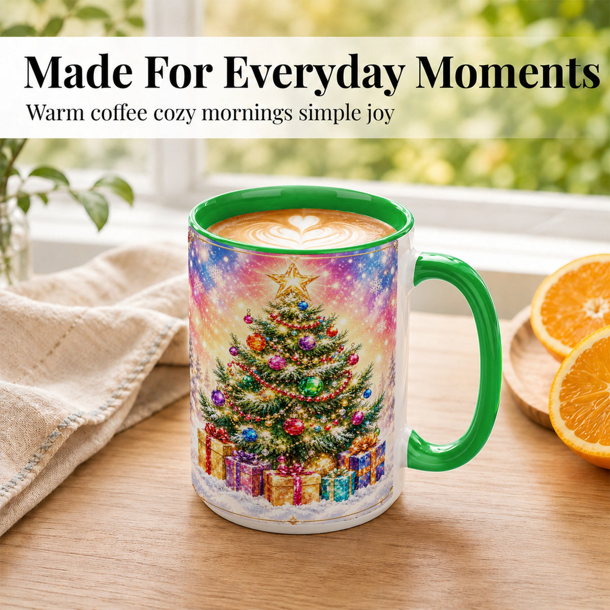 #pl[15oz|Green] Colorful Christmas Tree Coffee Mug, Festive Ornament Mug, Ceramic Cup