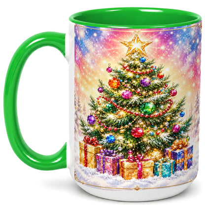 #pl[15oz|Green] Colorful Christmas Tree Coffee Mug, Festive Ornament Mug, Ceramic Cup