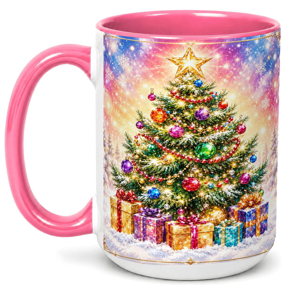 #pl[15oz|Pink] Colorful Christmas Tree Coffee Mug, Festive Ornament Mug, Ceramic Cup