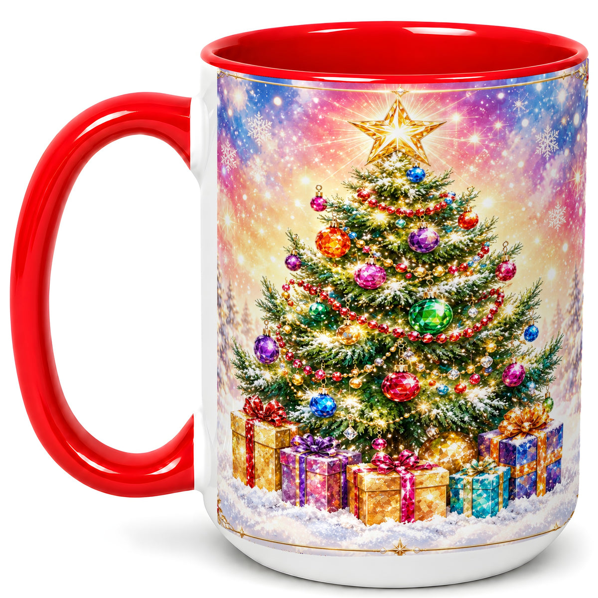 #pl[15oz|Red] Colorful Christmas Tree Coffee Mug, Festive Ornament Mug, Ceramic Cup