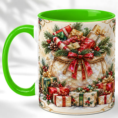 #pl[11oz|Green] Christmas Presents Coffee Mug, Holiday Bow Mug, Ceramic Cup