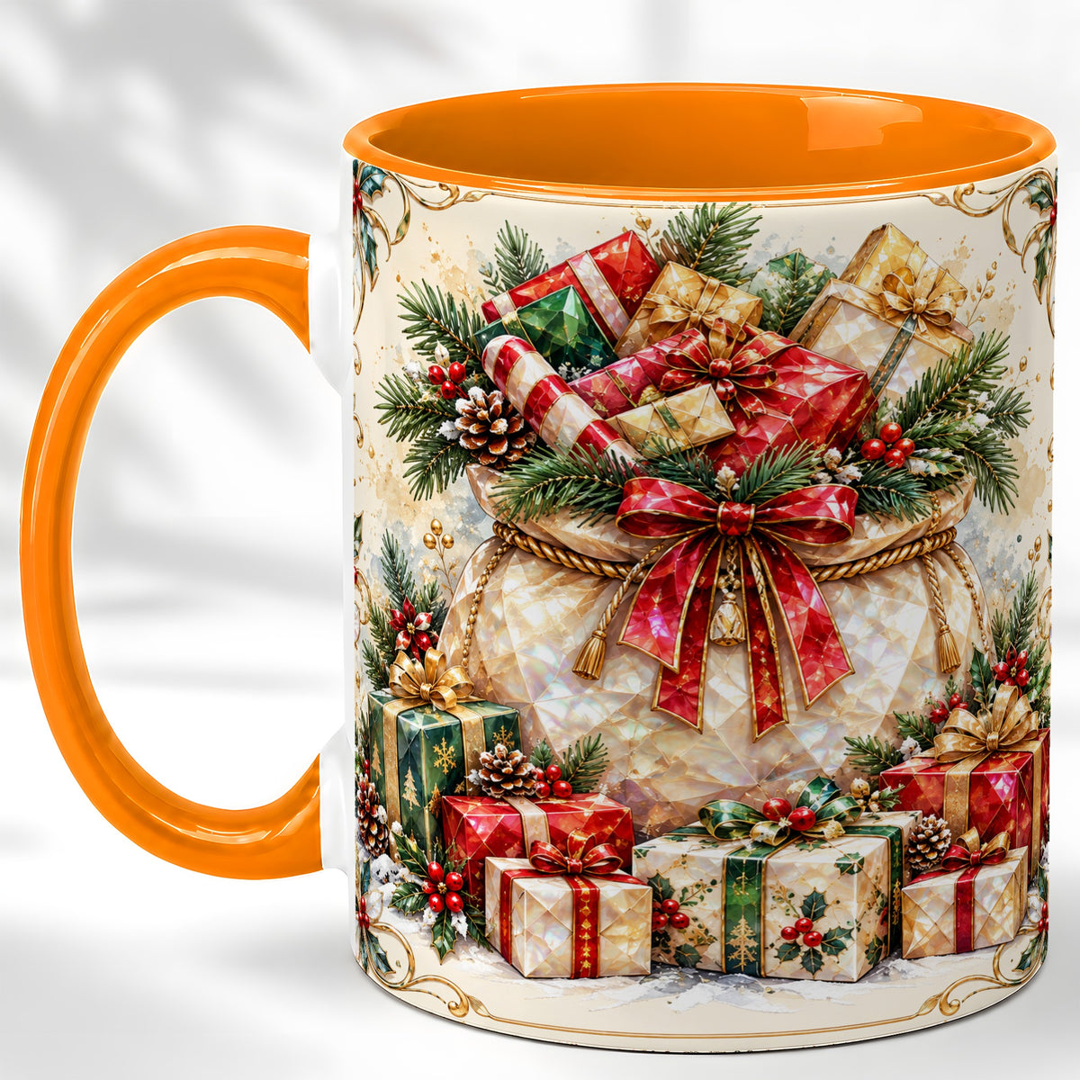 #pl[11oz|Orange] Christmas Presents Coffee Mug, Holiday Bow Mug, Ceramic Cup