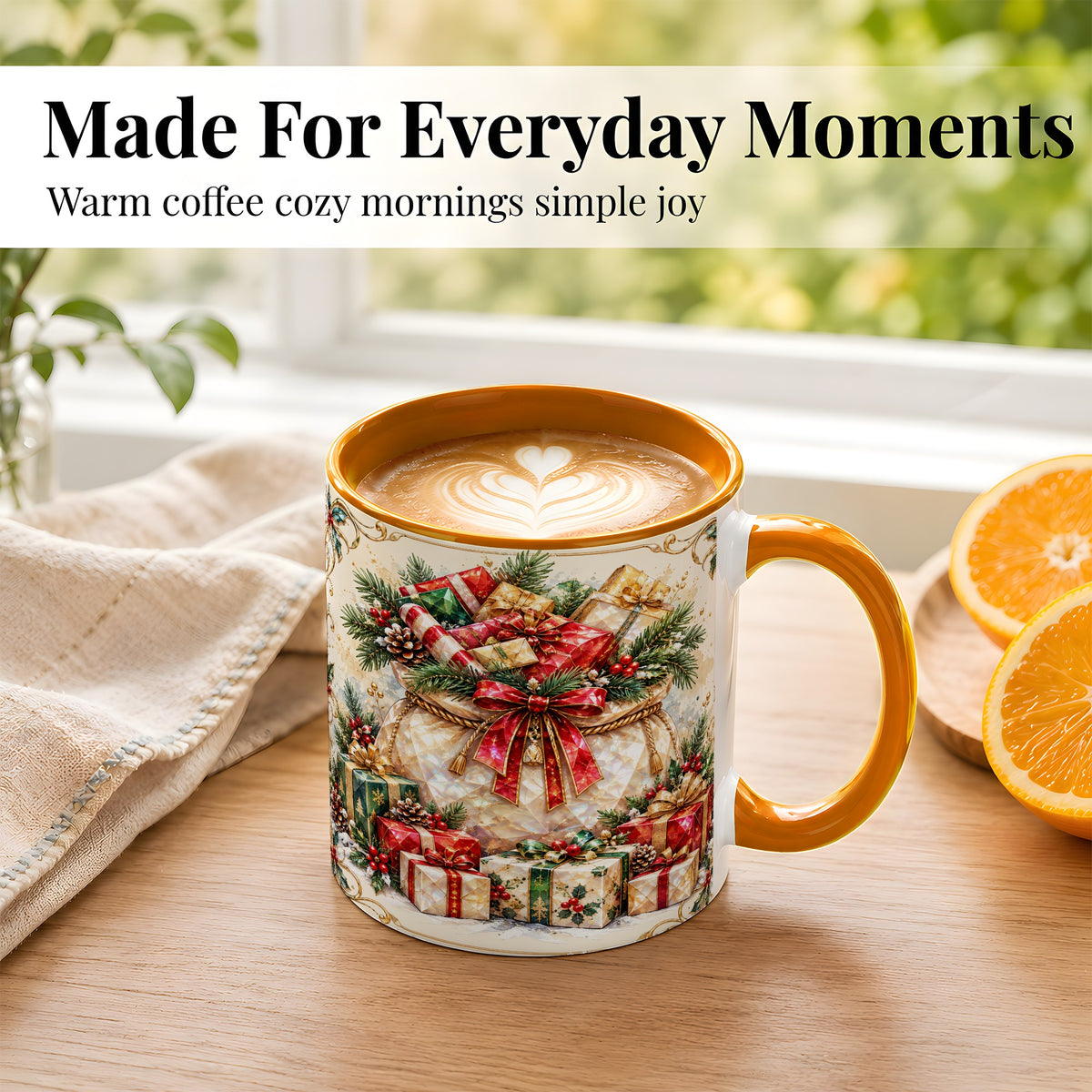 #pl[11oz|Orange] Christmas Presents Coffee Mug, Holiday Bow Mug, Ceramic Cup