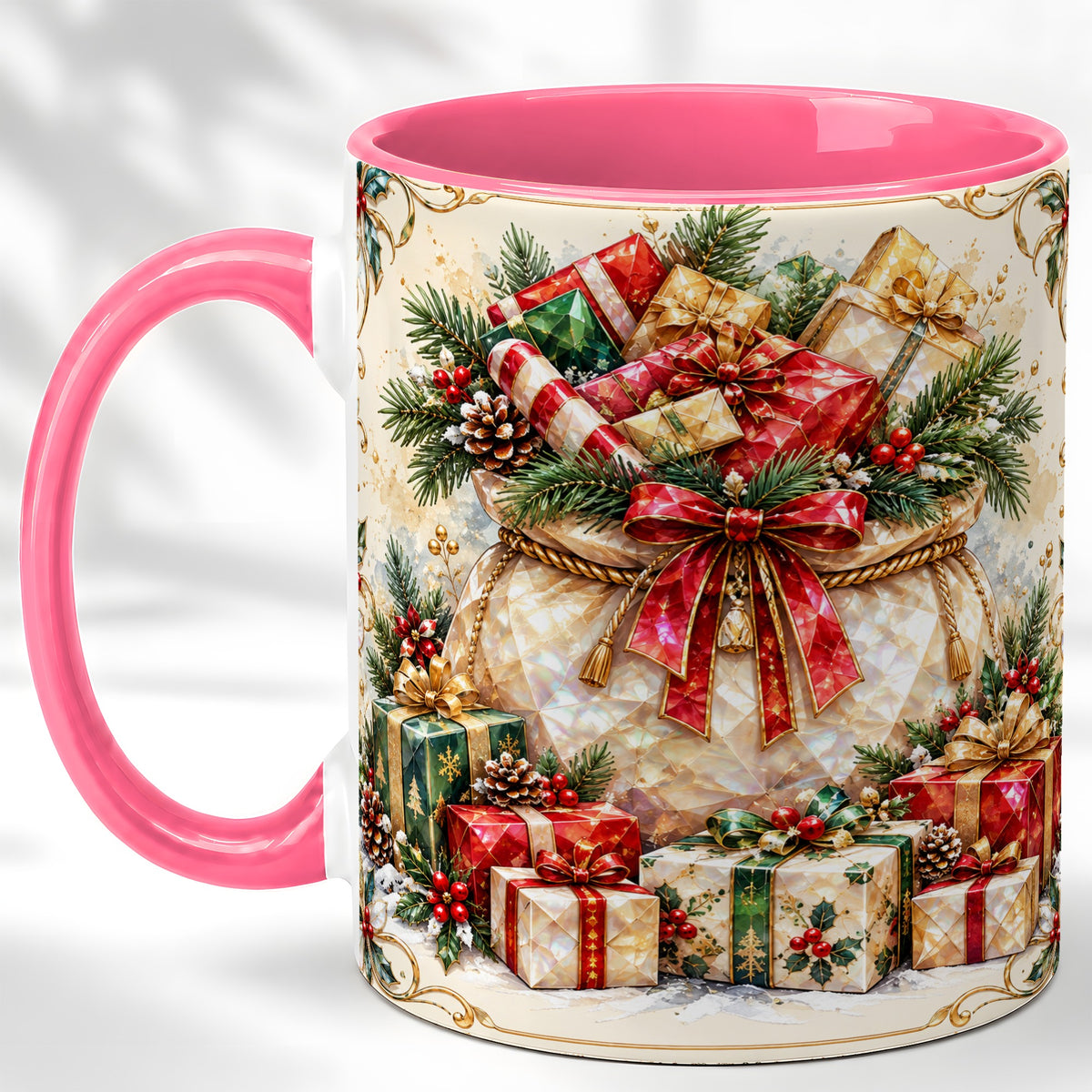 #pl[11oz|Pink] Christmas Presents Coffee Mug, Holiday Bow Mug, Ceramic Cup