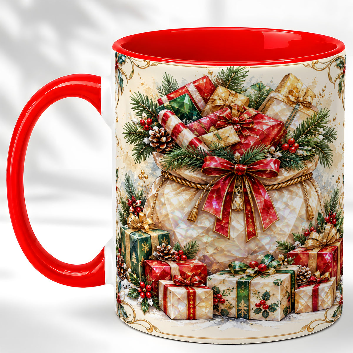 Christmas Presents Coffee Mug, Holiday Bow Mug, Ceramic Cup