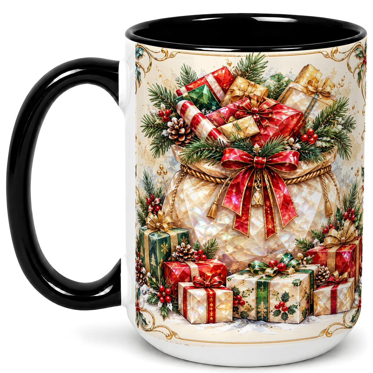 #pl[15oz|Black] Christmas Presents Coffee Mug, Holiday Bow Mug, Ceramic Cup