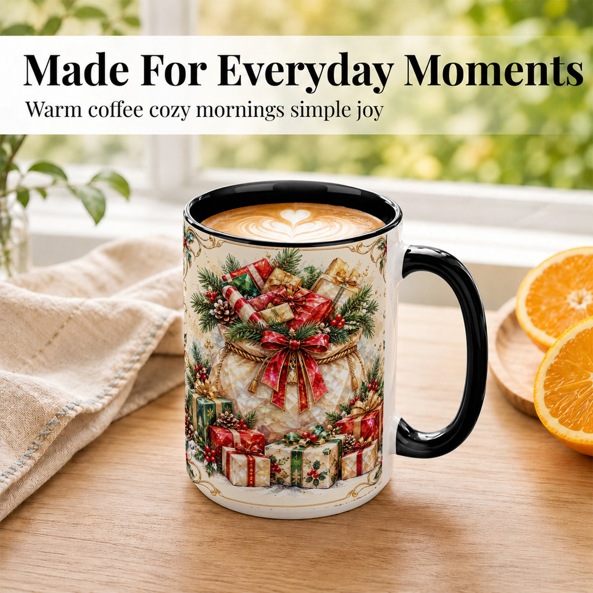 #pl[15oz|Black] Christmas Presents Coffee Mug, Holiday Bow Mug, Ceramic Cup