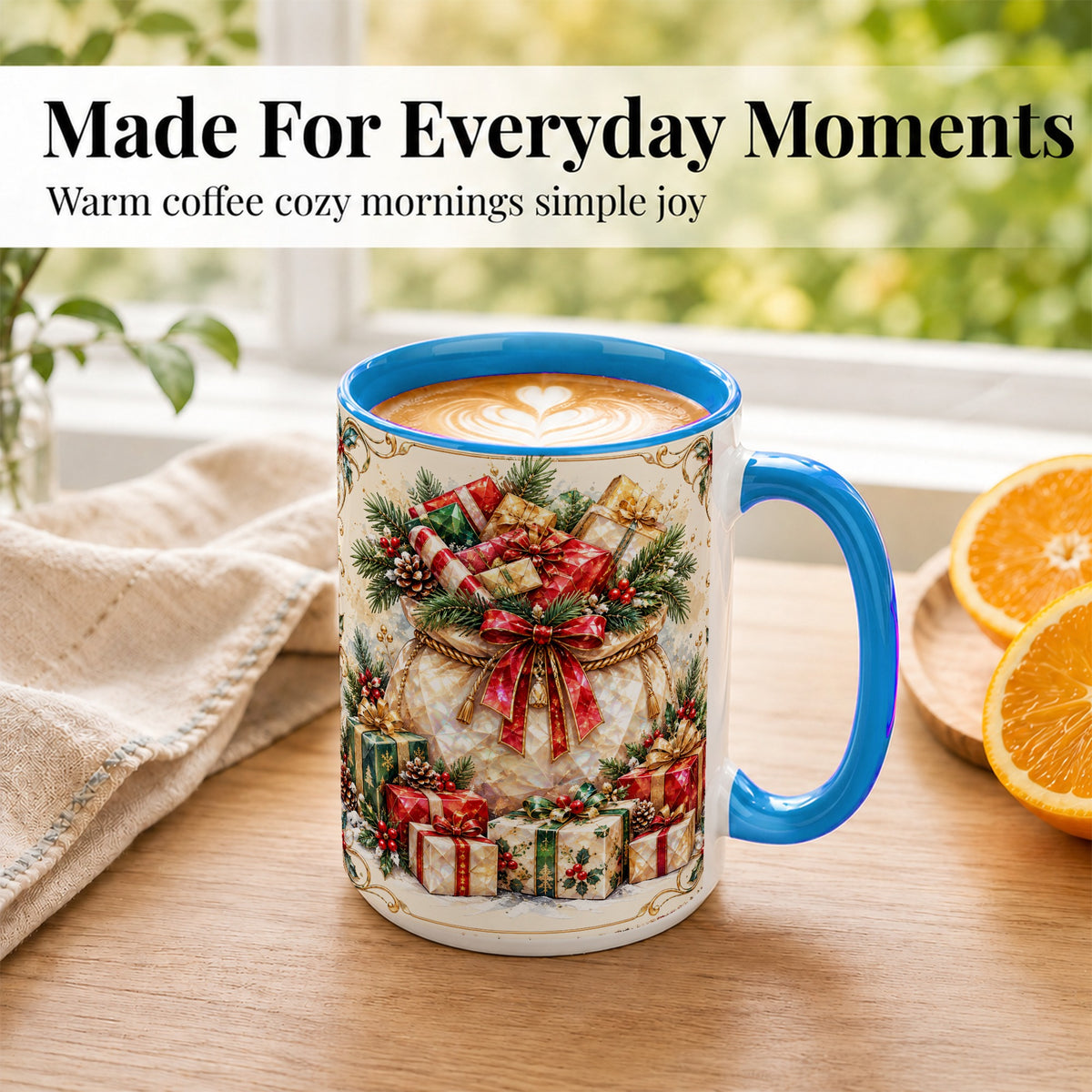 #pl[15oz|Blue] Christmas Presents Coffee Mug, Holiday Bow Mug, Ceramic Cup
