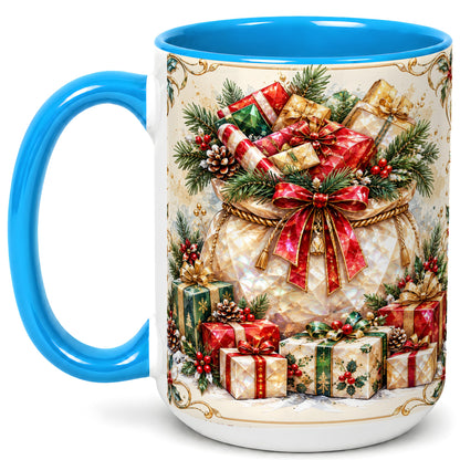 #pl[15oz|Blue] Christmas Presents Coffee Mug, Holiday Bow Mug, Ceramic Cup