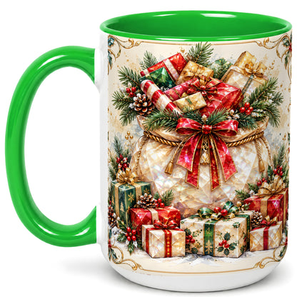 #pl[15oz|Green] Christmas Presents Coffee Mug, Holiday Bow Mug, Ceramic Cup