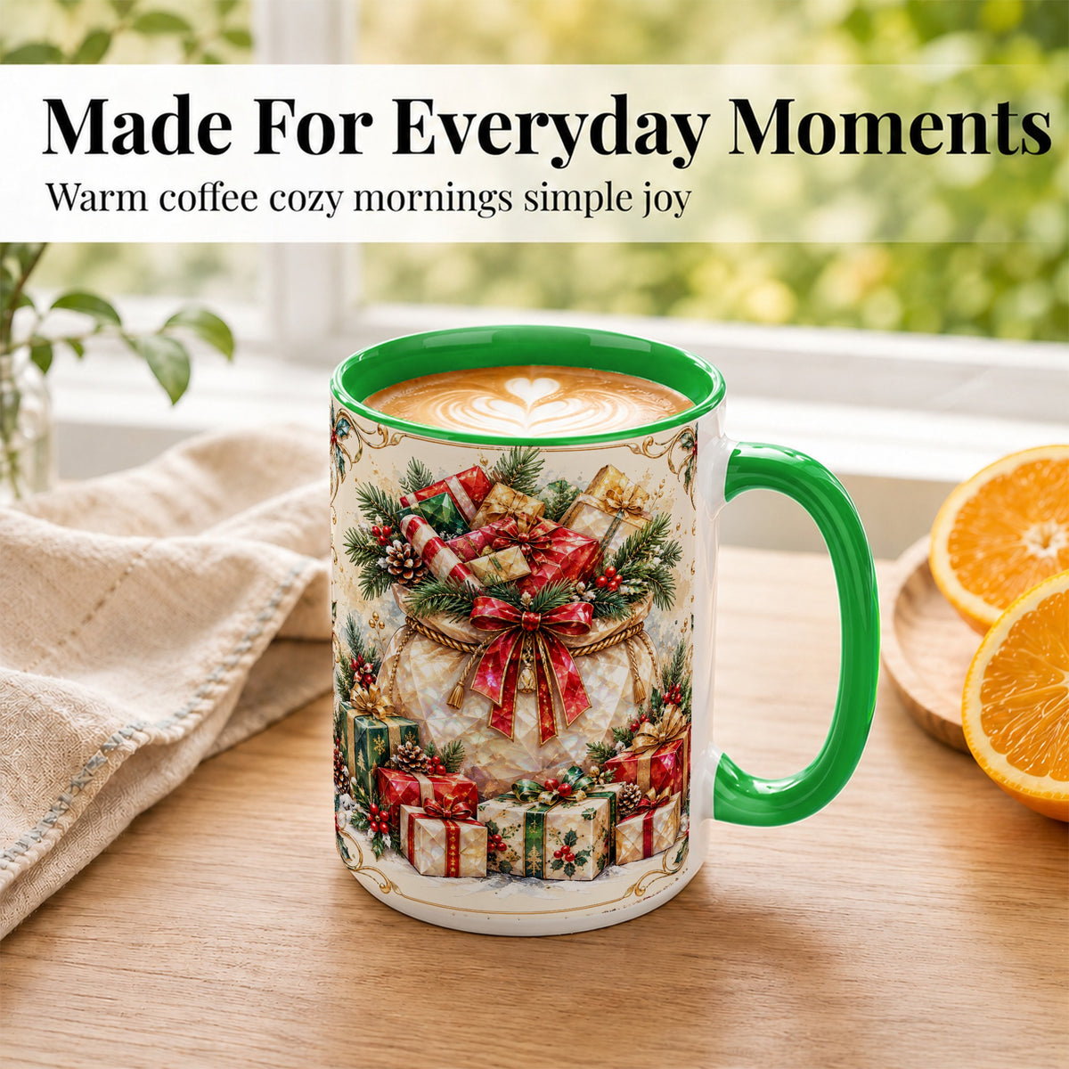 #pl[15oz|Green] Christmas Presents Coffee Mug, Holiday Bow Mug, Ceramic Cup