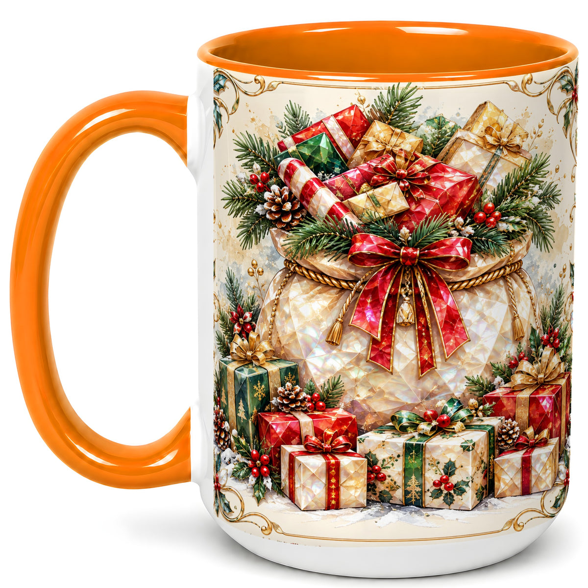 #pl[15oz|Orange] Christmas Presents Coffee Mug, Holiday Bow Mug, Ceramic Cup