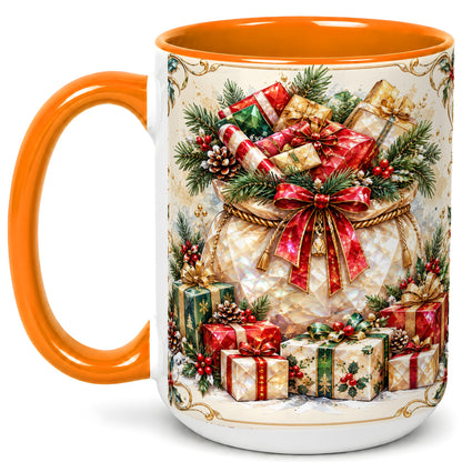 #pl[15oz|Orange] Christmas Presents Coffee Mug, Holiday Bow Mug, Ceramic Cup