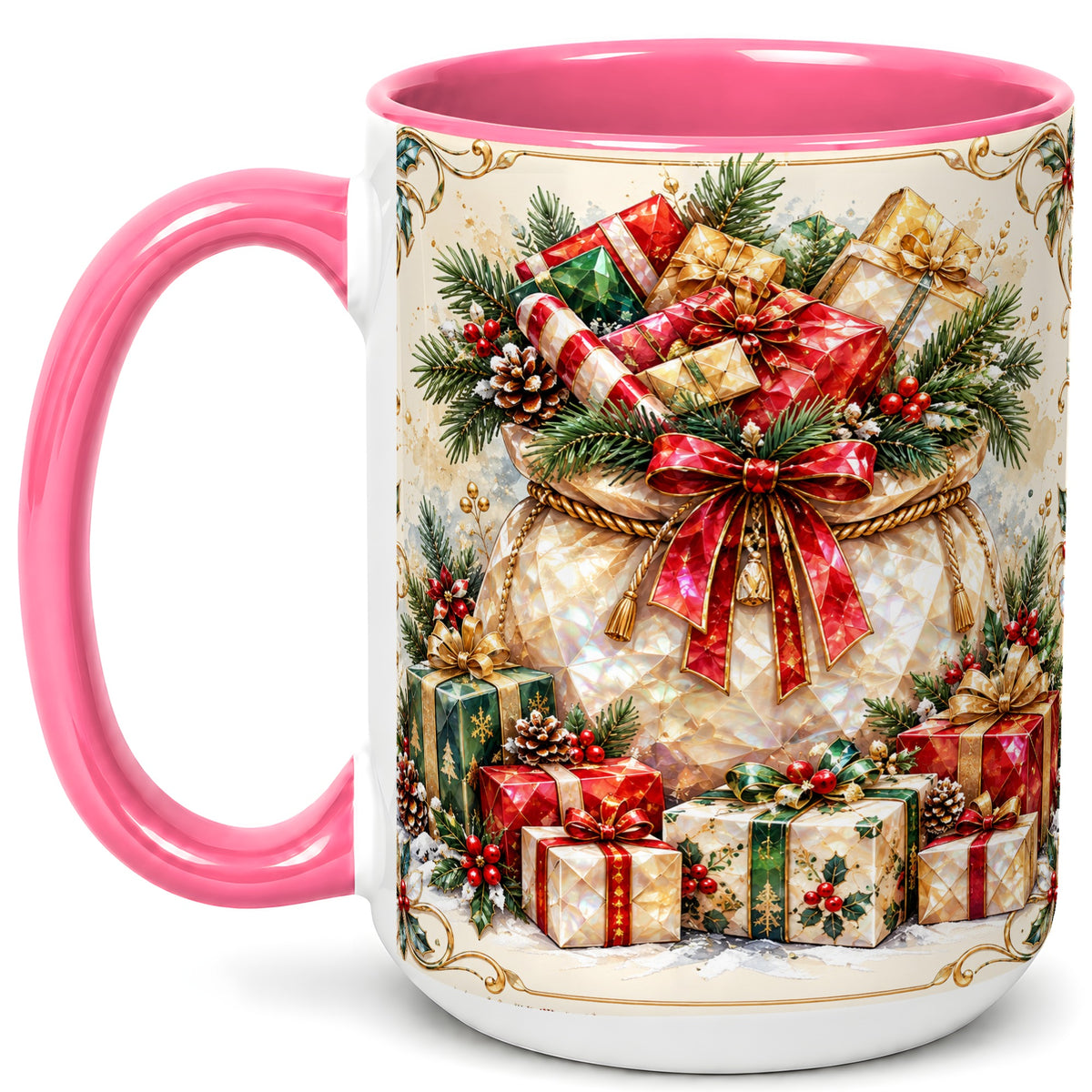 #pl[15oz|Pink] Christmas Presents Coffee Mug, Holiday Bow Mug, Ceramic Cup