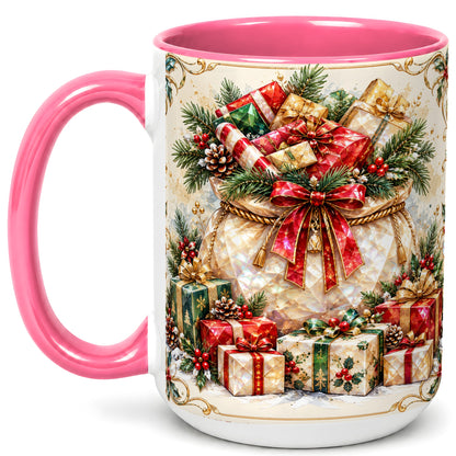 #pl[15oz|Pink] Christmas Presents Coffee Mug, Holiday Bow Mug, Ceramic Cup