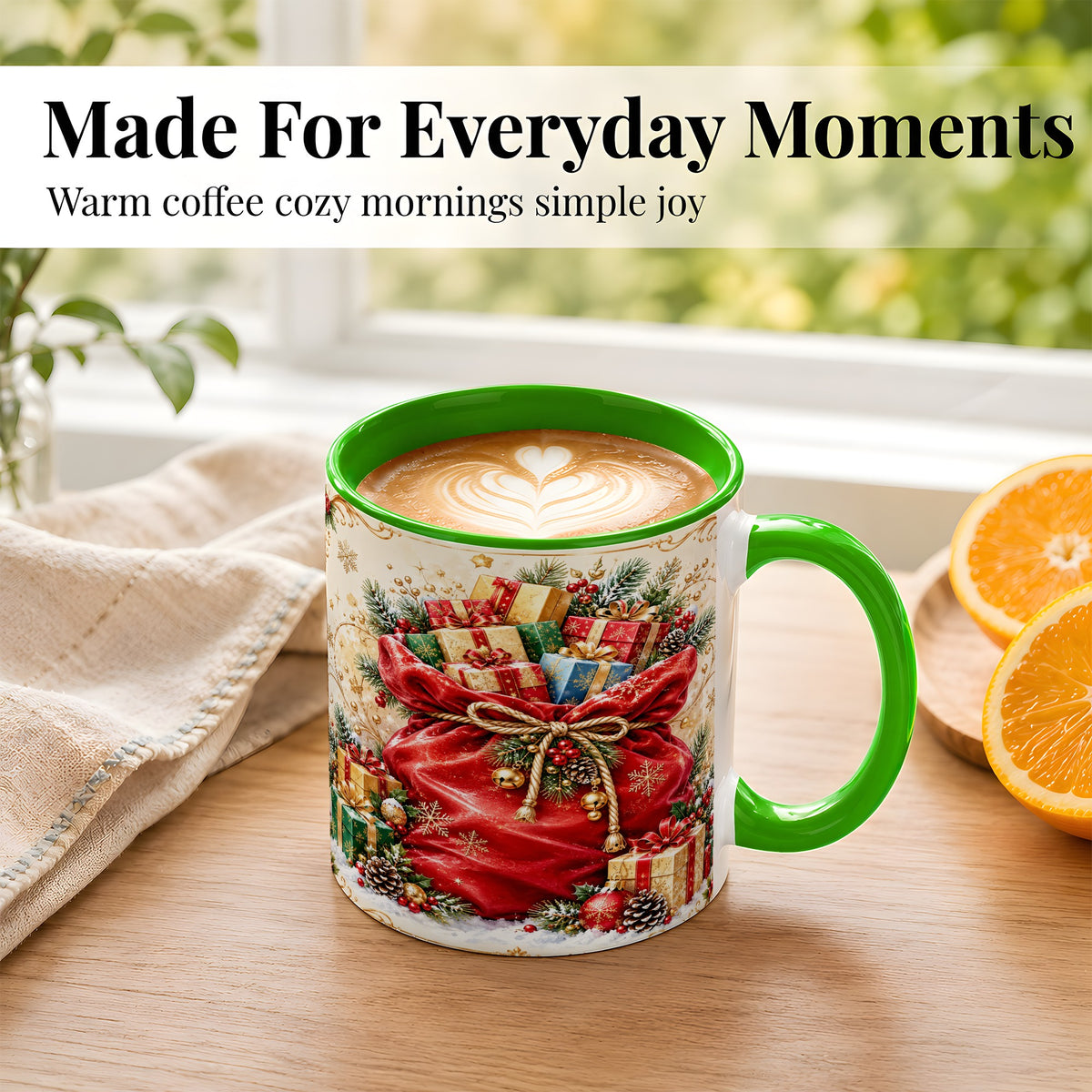 #pl[11oz|Green] Christmas Present Sack Coffee Mug, Holiday Parcel Mug, Ceramic Cup