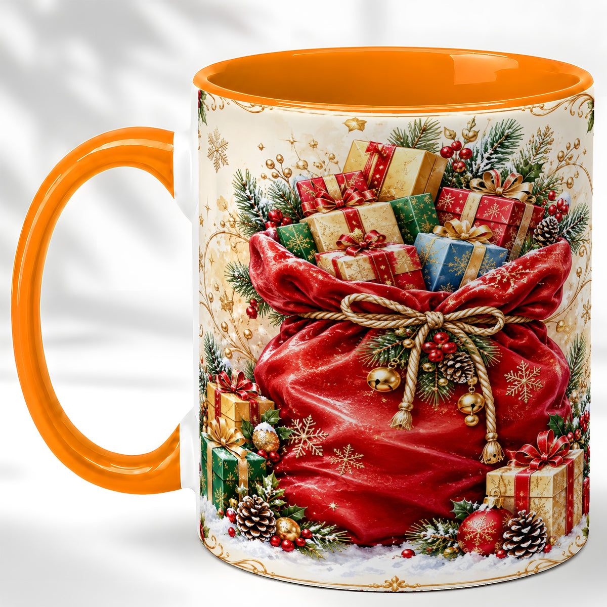 #pl[11oz|Orange] Christmas Present Sack Coffee Mug, Holiday Parcel Mug, Ceramic Cup