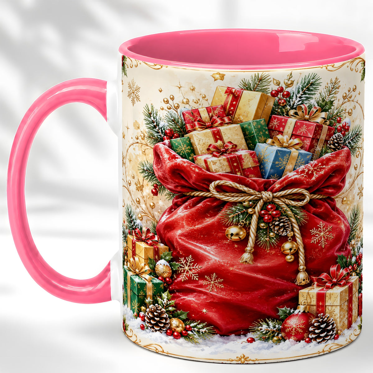 #pl[11oz|Pink] Christmas Present Sack Coffee Mug, Holiday Parcel Mug, Ceramic Cup
